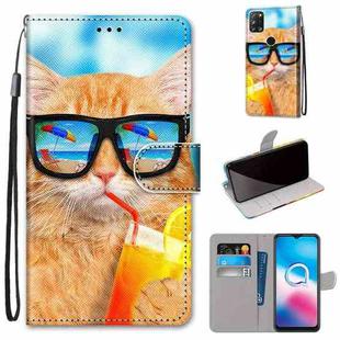 For Alcatel 3X 2020 Coloured Drawing Cross Texture Horizontal Flip PU Leather Case with Holder & Card Slots & Wallet & Lanyard(Cat Drinking Soda)