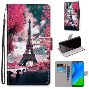 For Huawei P Smart (2020) Coloured Drawing Cross Texture Horizontal Flip PU Leather Case with Holder & Card Slots & Wallet & Lanyard(Pink Flower Tower Bridge)