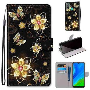 For Huawei P Smart (2020) Coloured Drawing Cross Texture Horizontal Flip PU Leather Case with Holder & Card Slots & Wallet & Lanyard(Gold Diamond Butterfly)