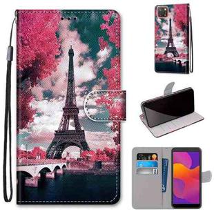 For Huawei Y5p / Honor 9S Coloured Drawing Cross Texture Horizontal Flip PU Leather Case with Holder & Card Slots & Wallet & Lanyard(Pink Flower Tower Bridge)