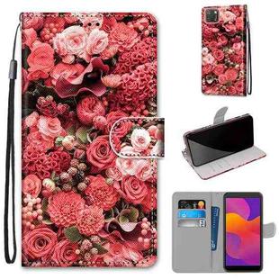 For Huawei Y5p / Honor 9S Coloured Drawing Cross Texture Horizontal Flip PU Leather Case with Holder & Card Slots & Wallet & Lanyard(Pink Rose Garden)