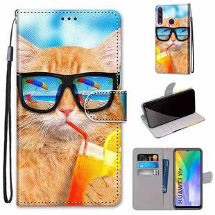 For Huawei Y6p Coloured Drawing Cross Texture Horizontal Flip PU Leather Case with Holder & Card Slots & Wallet & Lanyard(Cat Drinking Soda)