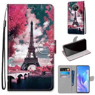 For Huawei Enjoy 20 Plus Coloured Drawing Cross Texture Horizontal Flip PU Leather Case with Holder & Card Slots & Wallet & Lanyard(Pink Flower Tower Bridge)