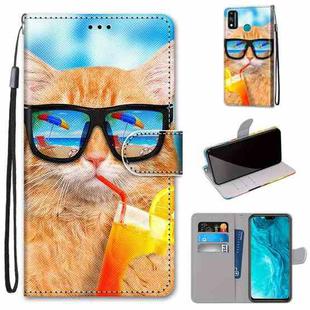 For Huawei Honor 9X Lite Coloured Drawing Cross Texture Horizontal Flip PU Leather Case with Holder & Card Slots & Wallet & Lanyard(Cat Drinking Soda)