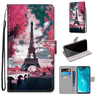 For Huawei Honor 9X Lite Coloured Drawing Cross Texture Horizontal Flip PU Leather Case with Holder & Card Slots & Wallet & Lanyard(Pink Flower Tower Bridge)