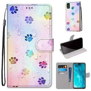 For Huawei Honor 9X Lite Coloured Drawing Cross Texture Horizontal Flip PU Leather Case with Holder & Card Slots & Wallet & Lanyard(Footprint Water Drops)