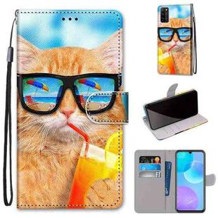 For Huawei Honor 30 Lite Coloured Drawing Cross Texture Horizontal Flip PU Leather Case with Holder & Card Slots & Wallet & Lanyard(Cat Drinking Soda)