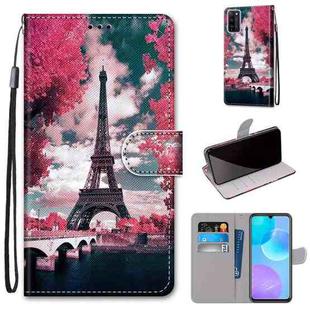 For Huawei Honor 30 Lite Coloured Drawing Cross Texture Horizontal Flip PU Leather Case with Holder & Card Slots & Wallet & Lanyard(Pink Flower Tower Bridge)