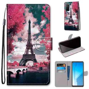 For Huawei Honor Play4 Coloured Drawing Cross Texture Horizontal Flip PU Leather Case with Holder & Card Slots & Wallet & Lanyard(Pink Flower Tower Bridge)