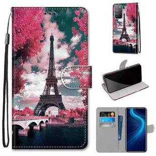 For Huawei Honor X10 / X10 Pro Coloured Drawing Cross Texture Horizontal Flip PU Leather Case with Holder & Card Slots & Wallet & Lanyard(Pink Flower Tower Bridge)