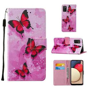 For Samsung Galaxy A02s (European Version) Cross Texture Painting Pattern Horizontal Flip Leather Case with Holder & Card Slots & Wallet & Lanyard(Pink Butterflies)