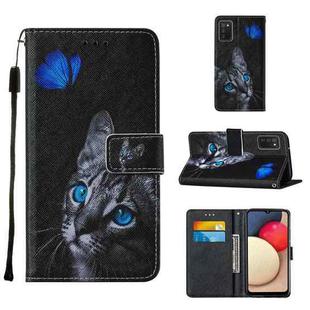 For Samsung Galaxy A02s (European Version) Cross Texture Painting Pattern Horizontal Flip Leather Case with Holder & Card Slots & Wallet & Lanyard(Blue Butterfly Cat Eyes)