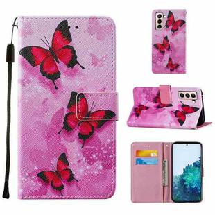 For Samsung Galaxy S21+ 5G Cross Texture Painting Pattern Horizontal Flip Leather Case with Holder & Card Slots & Wallet & Lanyard(Pink Butterflies)