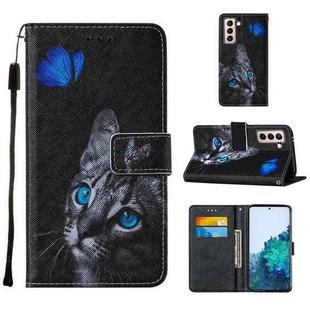For Samsung Galaxy S21 5G Cross Texture Painting Pattern Horizontal Flip Leather Case with Holder & Card Slots & Wallet & Lanyard(Blue Butterfly Cat Eyes)