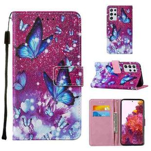 For Samsung Galaxy S21 Ultra 5G Cross Texture Painting Pattern Horizontal Flip Leather Case with Holder & Card Slots & Wallet & Lanyard(Purple Butterflies)