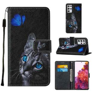 For Samsung Galaxy S21 Ultra 5G Cross Texture Painting Pattern Horizontal Flip Leather Case with Holder & Card Slots & Wallet & Lanyard(Blue Butterfly Cat Eyes)