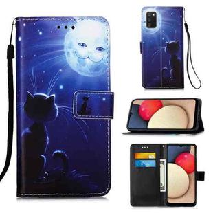 For Samsung Galaxy A02s (European Version) Colored Drawing Pattern Plain Weave Horizontal Flip Leather Case with Holder & Card Slot & Wallet & Lanyard(Cat And Sun)
