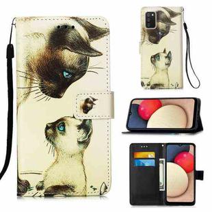 For Samsung Galaxy A02s (European Version) Colored Drawing Pattern Plain Weave Horizontal Flip Leather Case with Holder & Card Slot & Wallet & Lanyard(Cat Looking)