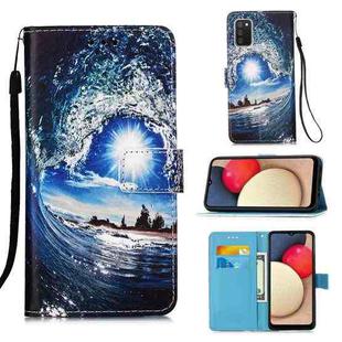For Samsung Galaxy A02s (European Version) Colored Drawing Pattern Plain Weave Horizontal Flip Leather Case with Holder & Card Slot & Wallet & Lanyard(Waves And Sun)