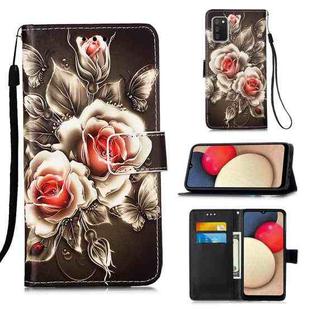 For Samsung Galaxy A02s (European Version) Colored Drawing Pattern Plain Weave Horizontal Flip Leather Case with Holder & Card Slot & Wallet & Lanyard(Roses On Black)