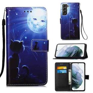 For Samsung Galaxy S21+ 5G Colored Drawing Pattern Plain Weave Horizontal Flip Leather Case with Holder & Card Slot & Wallet & Lanyard(Cat And Sun)