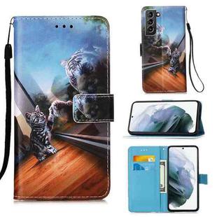 For Samsung Galaxy S21+ 5G Colored Drawing Pattern Plain Weave Horizontal Flip Leather Case with Holder & Card Slot & Wallet & Lanyard(Mirror Cat)