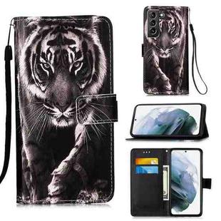 For Samsung Galaxy S21+ 5G Colored Drawing Pattern Plain Weave Horizontal Flip Leather Case with Holder & Card Slot & Wallet & Lanyard(Black And White Tiger)