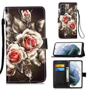 For Samsung Galaxy S21+ 5G Colored Drawing Pattern Plain Weave Horizontal Flip Leather Case with Holder & Card Slot & Wallet & Lanyard(Roses On Black)