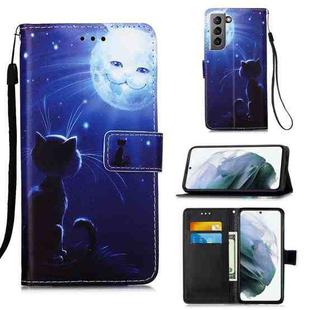 For Samsung Galaxy S21 5G Colored Drawing Pattern Plain Weave Horizontal Flip Leather Case with Holder & Card Slot & Wallet & Lanyard(Cat And Sun)