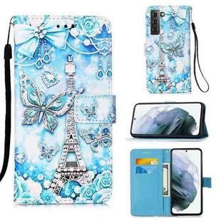 For Samsung Galaxy S21 5G Colored Drawing Pattern Plain Weave Horizontal Flip Leather Case with Holder & Card Slot & Wallet & Lanyard(Tower Butterfly)
