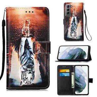 For Samsung Galaxy S21 5G Colored Drawing Pattern Plain Weave Horizontal Flip Leather Case with Holder & Card Slot & Wallet & Lanyard(Cats And Tigers)
