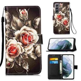 For Samsung Galaxy S21 5G Colored Drawing Pattern Plain Weave Horizontal Flip Leather Case with Holder & Card Slot & Wallet & Lanyard(Roses On Black)