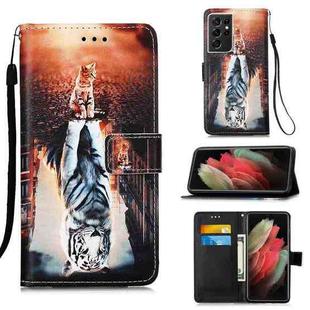 For Samsung Galaxy S21 Ultra 5G Colored Drawing Pattern Plain Weave Horizontal Flip Leather Case with Holder & Card Slot & Wallet & Lanyard(Cat Looking)