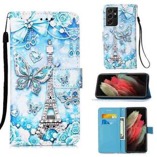 For Samsung Galaxy S21 Ultra 5G Colored Drawing Pattern Plain Weave Horizontal Flip Leather Case with Holder & Card Slot & Wallet & Lanyard(Tower Butterfly)
