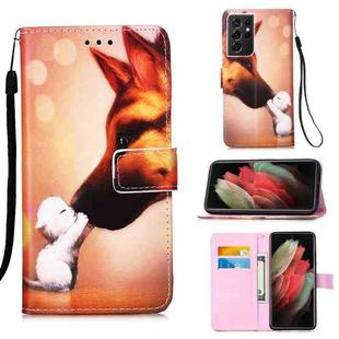 For Samsung Galaxy S21 Ultra 5G Colored Drawing Pattern Plain Weave Horizontal Flip Leather Case with Holder & Card Slot & Wallet & Lanyard(Hound Kiss)