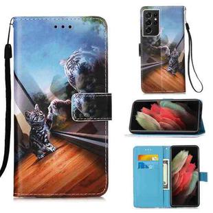 For Samsung Galaxy S21 Ultra 5G Colored Drawing Pattern Plain Weave Horizontal Flip Leather Case with Holder & Card Slot & Wallet & Lanyard(Mirror Cat)
