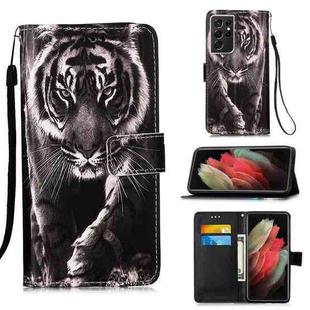 For Samsung Galaxy S21 Ultra 5G Colored Drawing Pattern Plain Weave Horizontal Flip Leather Case with Holder & Card Slot & Wallet & Lanyard(Black And White Tiger)