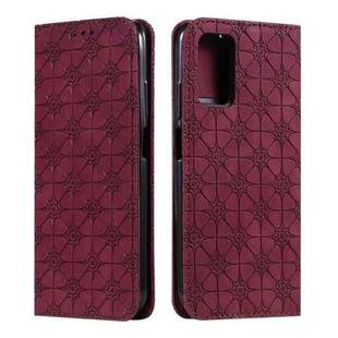 For Xiaomi Poco M3 Lucky Flowers Embossing Pattern Magnetic Horizontal Flip Leather Case with Holder & Card Slots(Wine Red)