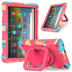 For Amazon Kindle Fire HD 8 (2020) Contrast Color Shockproof Robot Silicone + PC Case with Wristband Holder(Camouflage + Rose Red)
