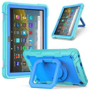 For Amazon Kindle Fire HD 8 (2020) Contrast Color Shockproof Robot Silicone + PC Case with Wristband Holder(Mint Green + Blue)