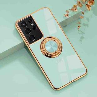 For Samsung Galaxy S21 Ultra 5G 6D Electroplating Full Coverage Silicone Protective Case with Magnetic Ring Holder(Light Cyan)