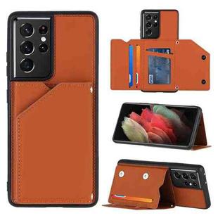 For Samsung Galaxy S21 Ultra 5G Skin Feel PU + TPU + PC Back Cover Shockproof Case with Card Slots & Holder & Photo Frame(Brown)