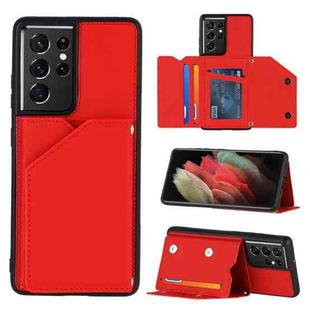 For Samsung Galaxy S21 Ultra 5G Skin Feel PU + TPU + PC Back Cover Shockproof Case with Card Slots & Holder & Photo Frame(Red)