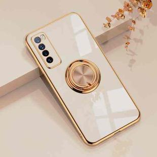 For Huawei nova 7 6D Electroplating Full Coverage Silicone Protective Case with Magnetic Ring Holder(Light Pink)