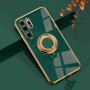 For Huawei P30 Pro 6D Electroplating Full Coverage Silicone Protective Case with Magnetic Ring Holder(Dark Green)