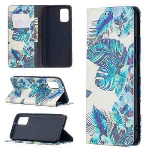 For Samsung Galaxy A02s (EU Version) Colored Drawing Pattern Invisible Magnetic Horizontal Flip PU Leather Case with Holder & Card Slots & Wallet(Blue Leaves)