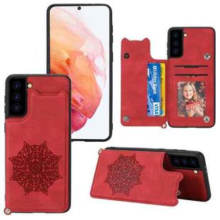 For Samsung Galaxy S21 5G Mandala Embossed PU + TPU Case with Holder & Card Slots & Photo Frame & Strap(Red)