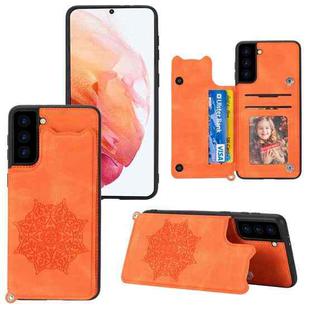 For Samsung Galaxy S21 5G Mandala Embossed PU + TPU Case with Holder & Card Slots & Photo Frame & Strap(Orange)