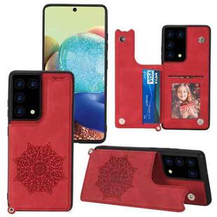 For Samsung Galaxy S21 Ultra 5G Mandala Embossed PU + TPU Case with Holder & Card Slots & Photo Frame & Strap(Red)