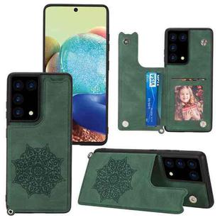 For Samsung Galaxy S21 Ultra 5G Mandala Embossed PU + TPU Case with Holder & Card Slots & Photo Frame & Strap(Green)